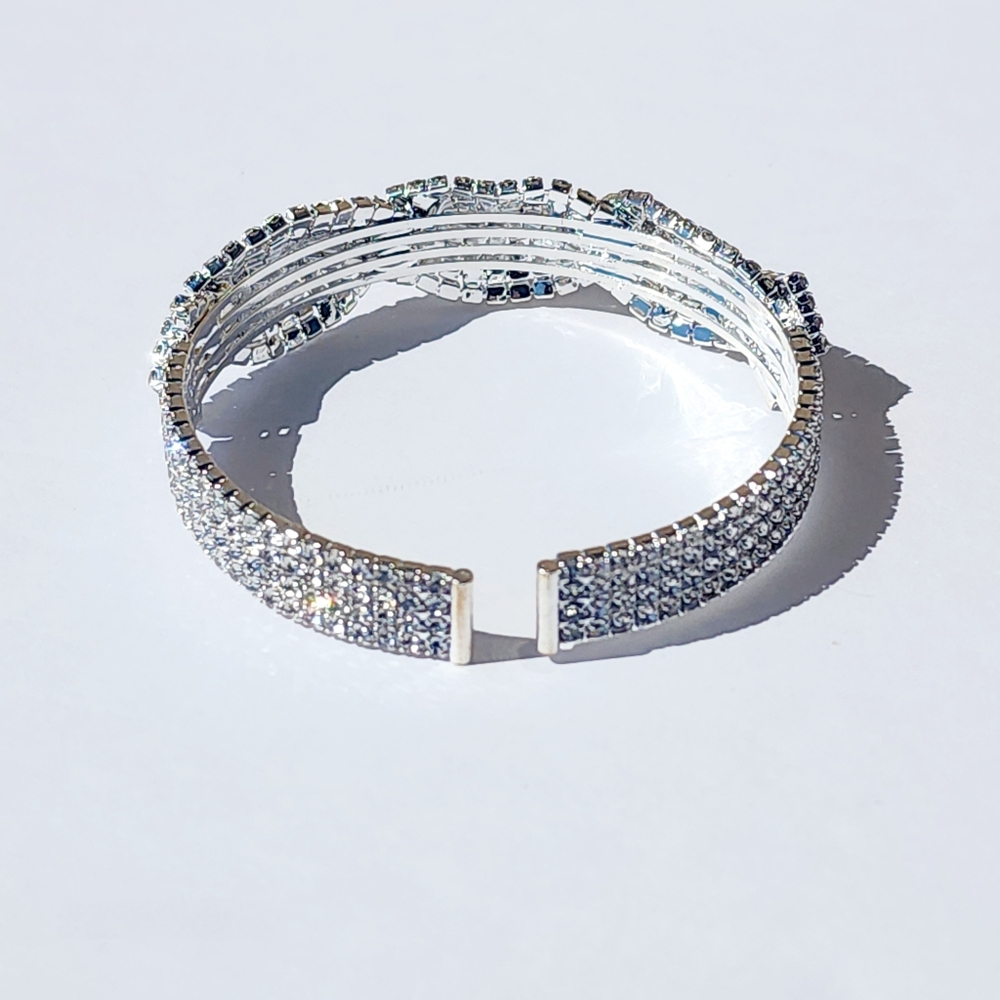 Women's Clear Rhinestones Braided Link Silver Open Wrist Cuff Bracelet - Picture 6 of 6